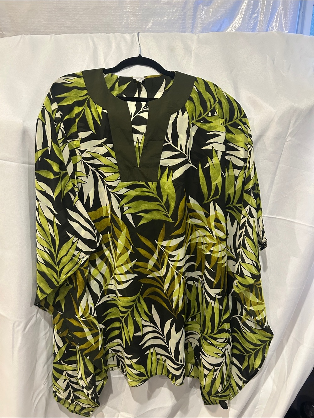 Roaman's Olive Green Black and White Leaf-Print Swim Cover-Up